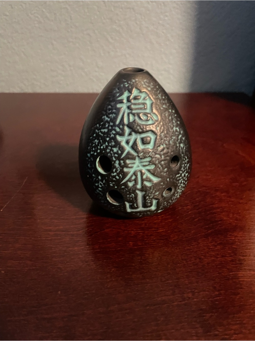 Ceramic Egg-Shaped Incense Holder with Chinese Characters - Black & Turquoise